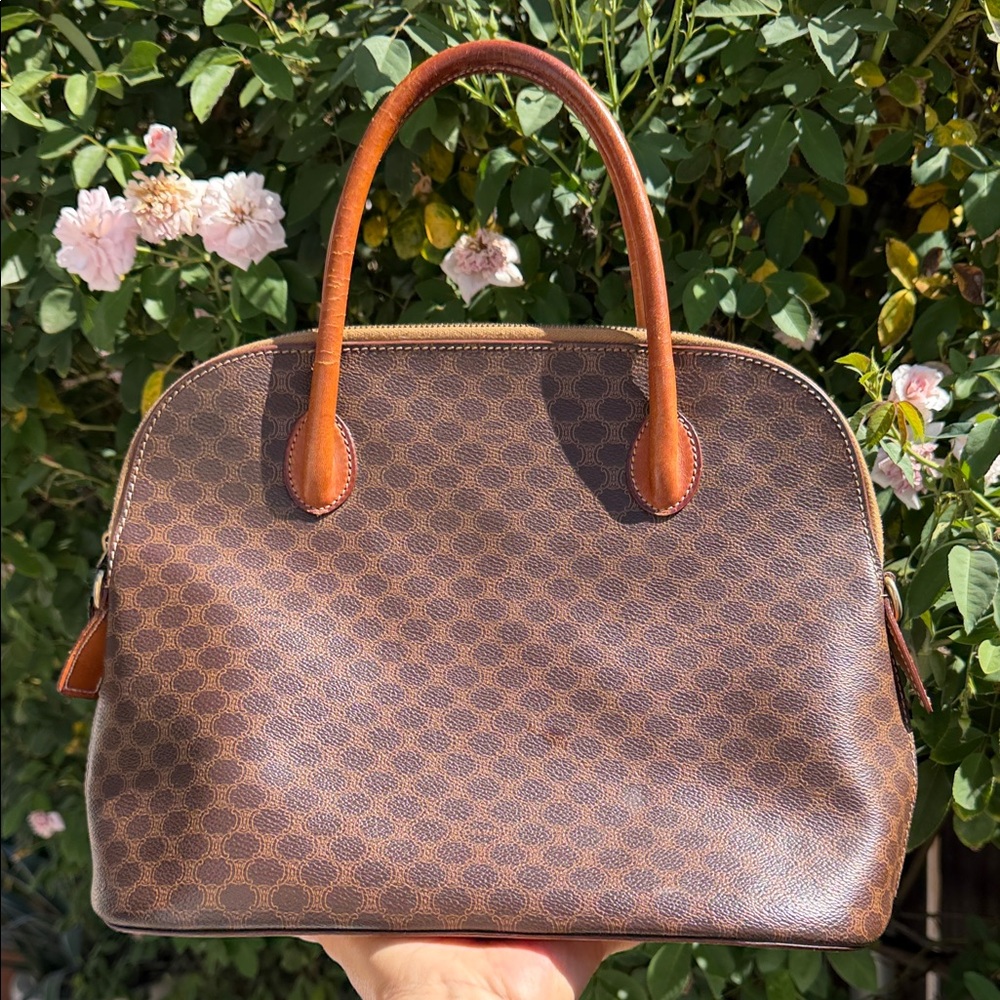 CELINE Macadam Pattern Handbag Brown Leather Vintage Tote Purse❤️